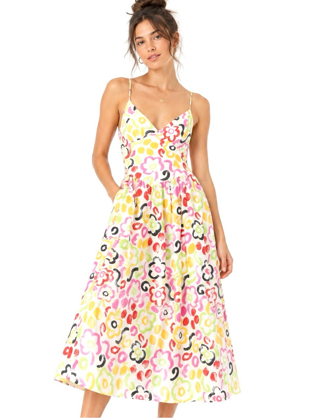 RHODE Abstract Floral Linen Midi Maxi Dress Pink Green Yellow Size 8